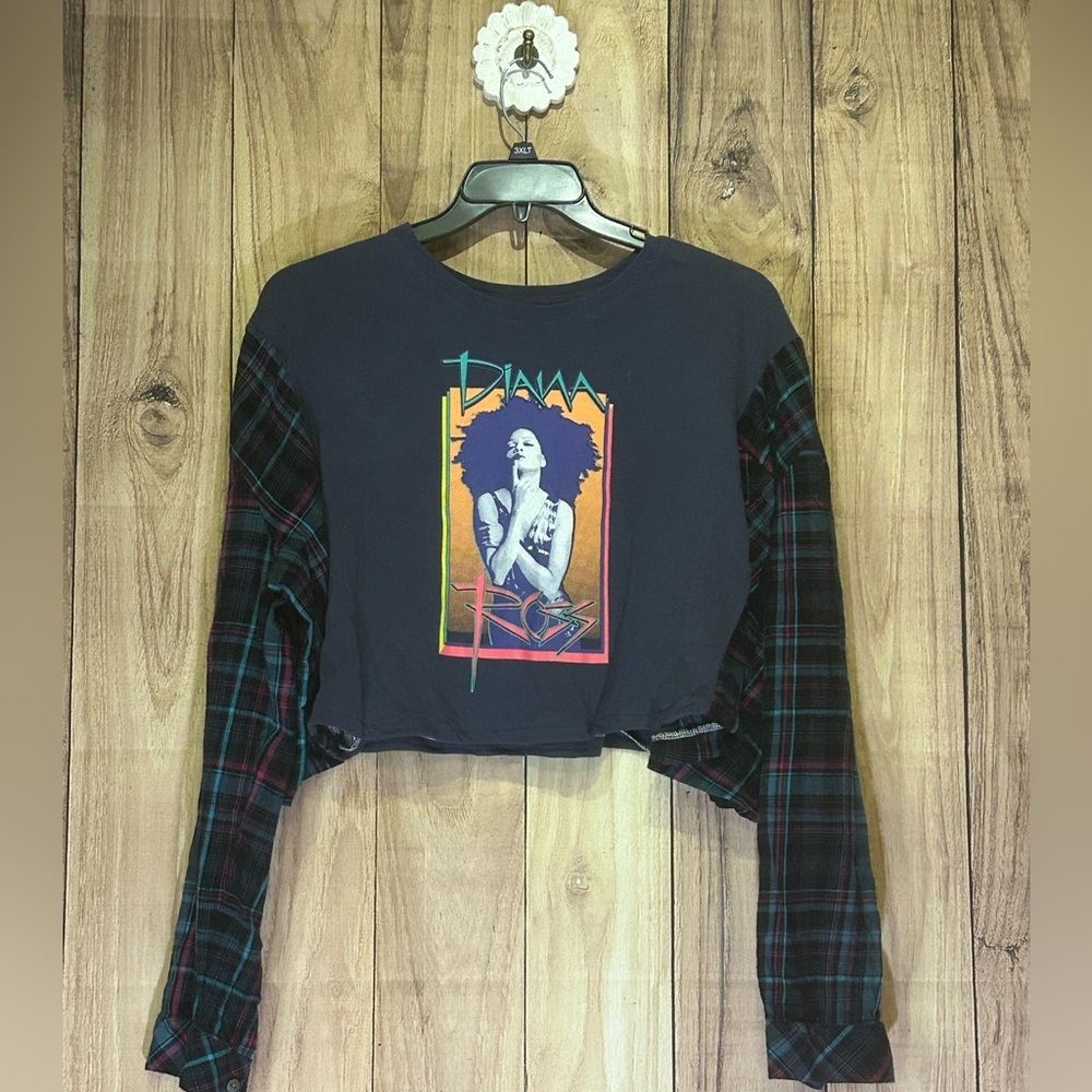 NWT Upcycled Diana Ross Cropped Flannel Tee size Small to medium